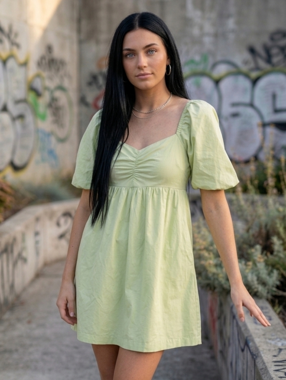 American Eagle Light Green Puff Sleeve Babydoll Mini Dress Pockets Large